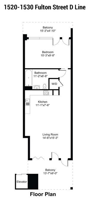 Floor plan for 1 bed, 1 bath, 597 sqft